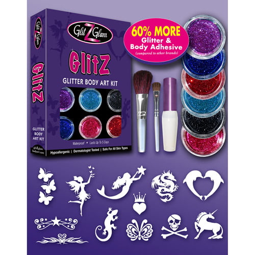 for boys & Girls with 6 Large Glitters & 12 Stencils Glitter Tattoo Kit- NEW GLITZ Children Tattoos by GlitZGlam Body Art 69183 HYPOALLERGENIC and DERMATOLOGIST TESTED! 
